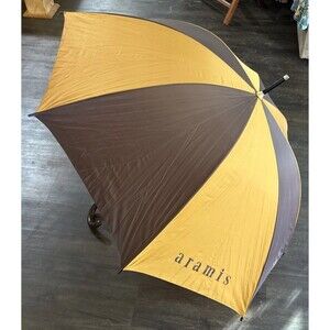 New Vintage Aramis Umbrella Color Block Brown Gold Leather Handle Doorman Golf